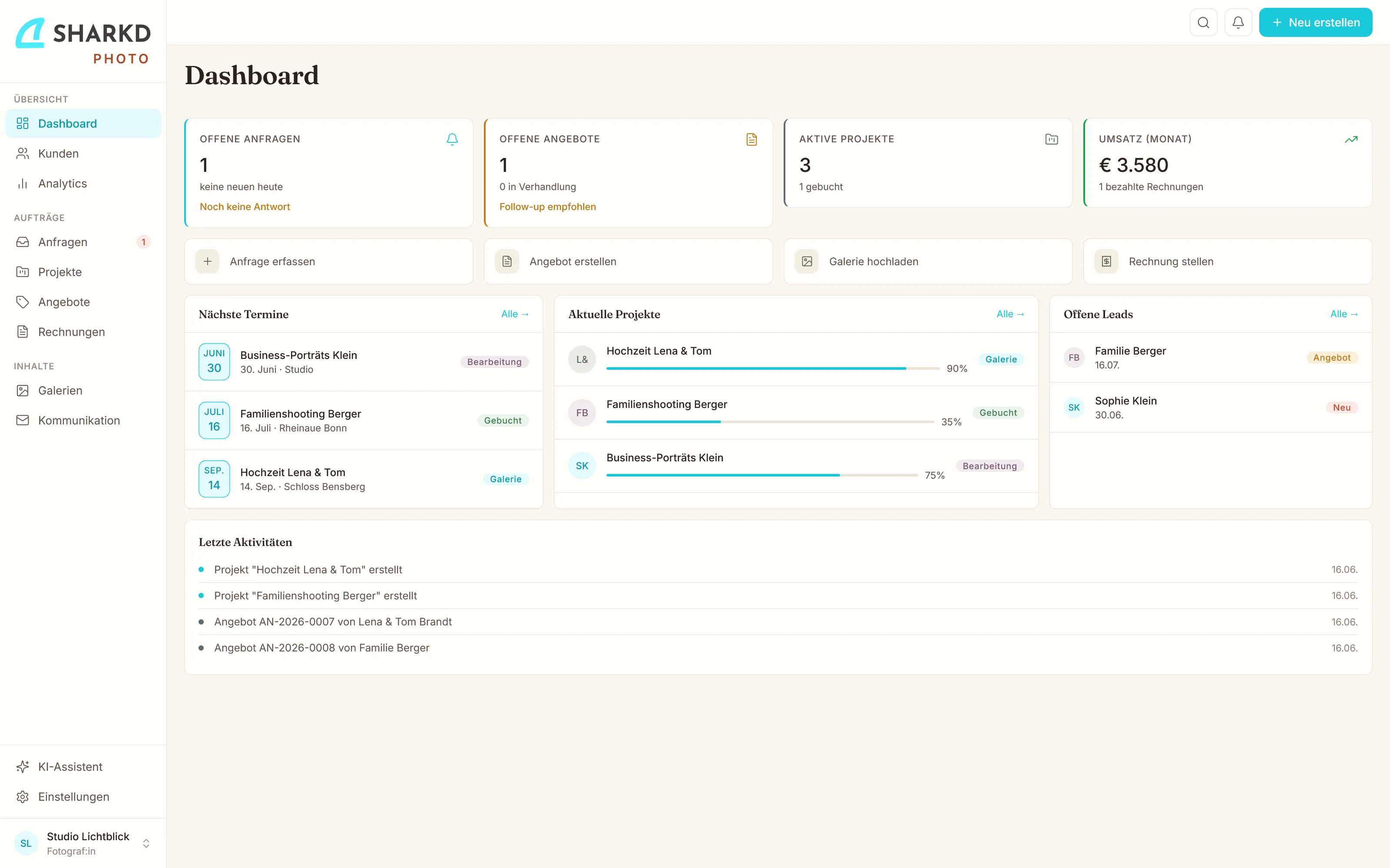 Dashboard von SHARKD Photo mit Anfragen, Projekten und Umsatz